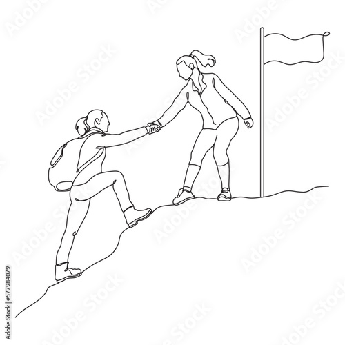 Two women helping each other  hike up mountain line drawing illustration.