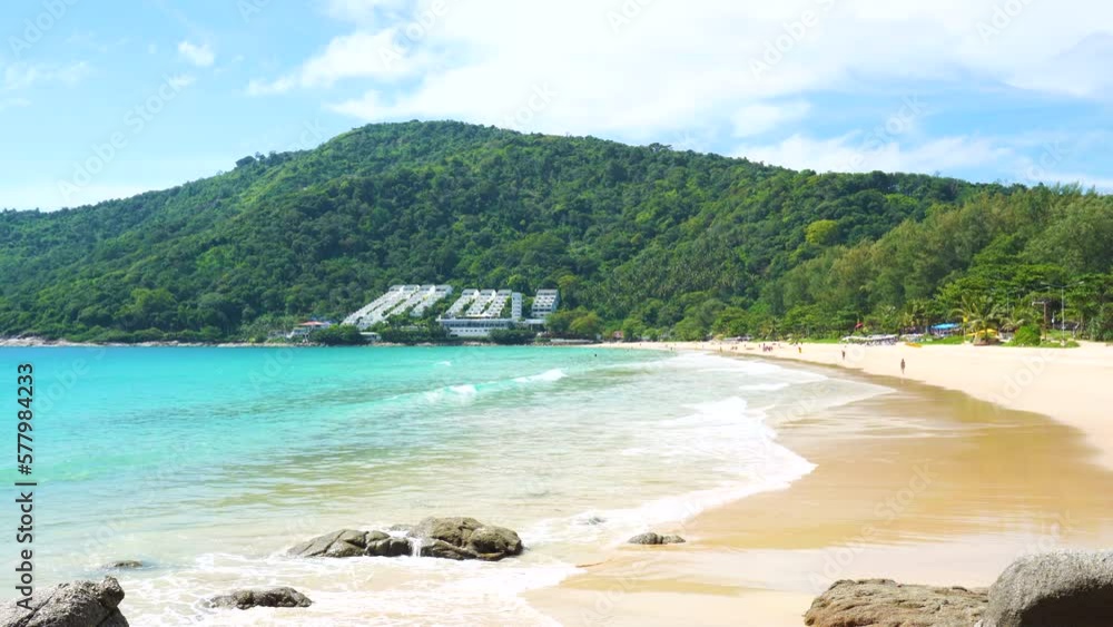 Scenic view beach Sea sky clouds. Sand sea water turquoise. Scenic view beach Sea sky clouds. Sand sea water turquoise.