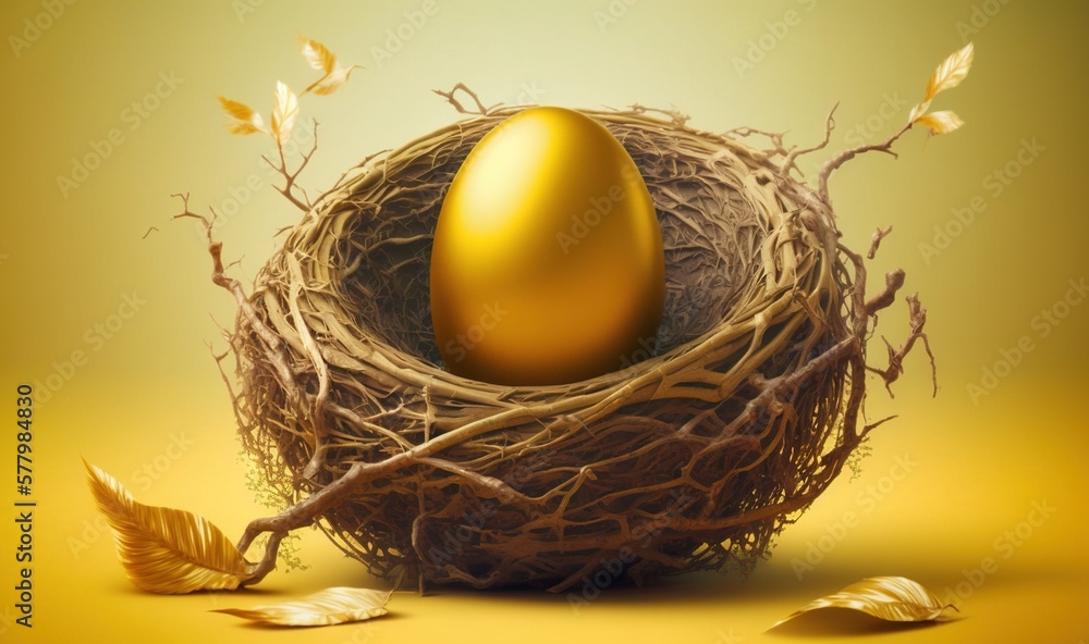 a golden egg sitting in a nest with leaves around it on a yellow background with a yellow background and a yellow background with a yellow background. generative ai a golden egg sitting in a nest with leaves around it on a yellow background with a yellow background and a yellow background with a yellow background. generative ai