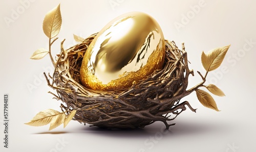  a golden egg in a nest with leaves on a white background with a light reflection on the eggs shell and the golden egg in the nest. generative ai