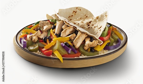  a plate of chicken fajita with peppers and peppers on top of rice with a tortilla on top of the tortilla.  generative ai