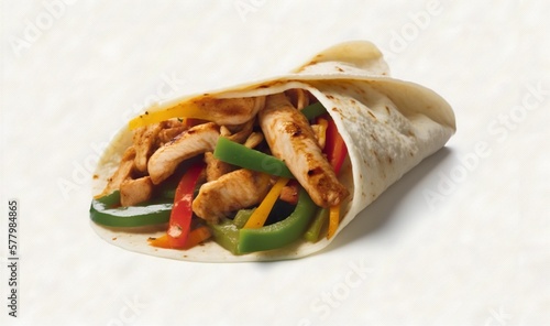  a chicken fajita wrap with peppers, peppers, and chicken in it on a white surface with a white background that is half - cut in half.  generative ai