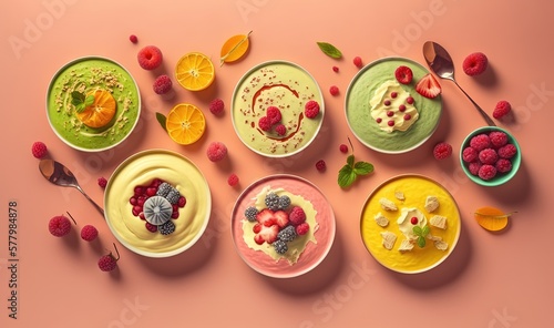 a variety of desserts are arranged on a pink surface with berries, oranges, raspberries, and other fruit toppings.  generative ai