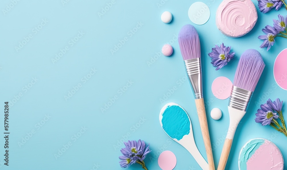  a blue background with pink and blue paint brushes and some purple and white flowers on the left side of the image and a pink and blue background with white dots on the right side.  generative ai