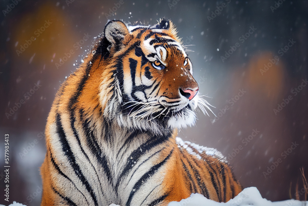 Portrait of a tiger in the background of a snowy landscape. AI generated