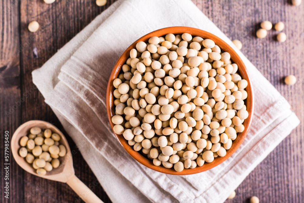 Raw soybean seeds in a bowl, spoon and jar. Source of vegetable protein. Top view. Closeup