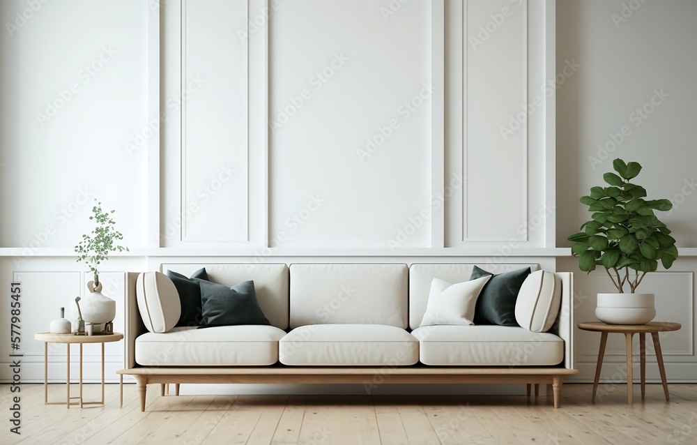 Fototapeta premium Simple living room interior design illustration created using generative AI.
