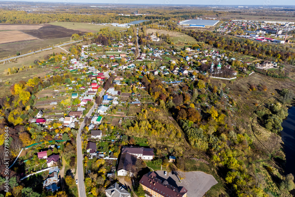 View from a high altitude of rural buildings in the Roshcha microdistrict on the outskirts of the city of Borovsk, Russia