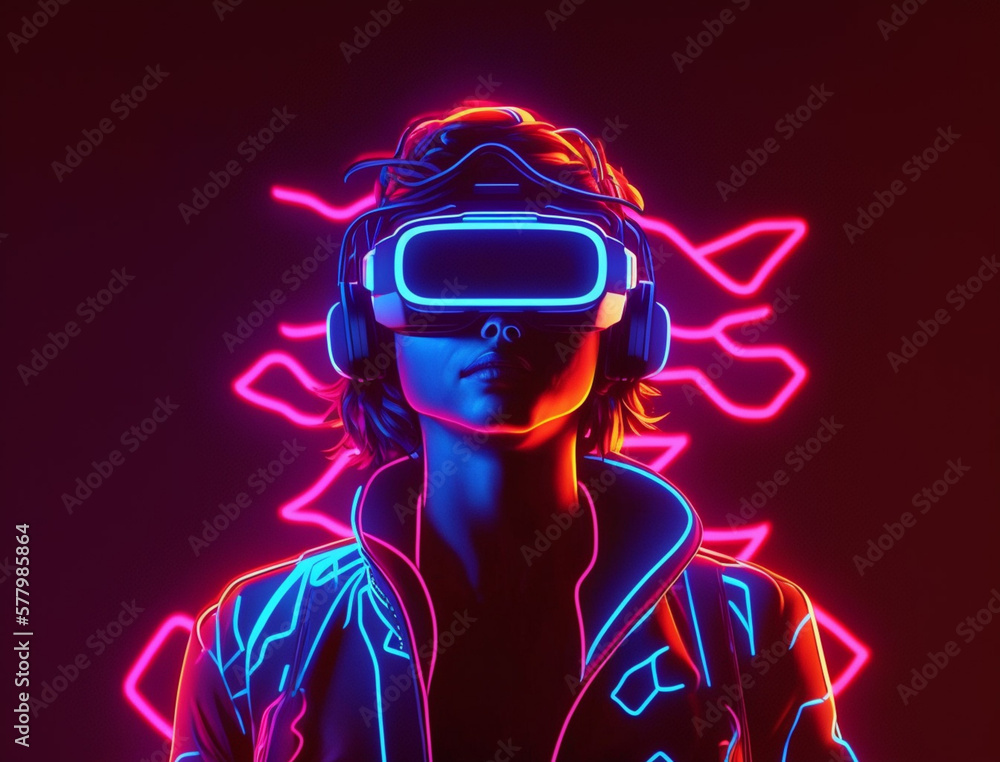 Young man with neon lights wearing VR headset and experiencing virtual reality simulation, metaverse and fantasy world. Young man with neon lights wearing VR headset and experiencing virtual reality simulation, metaverse and fantasy world.