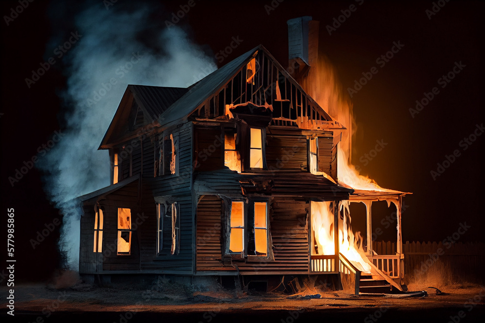 Fire in a small wooden house. AI generated Fire in a small wooden house. AI generated