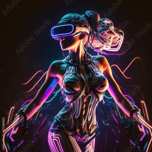 Young woman with neon lights wearing VR headset, dancing and experiencing virtual reality simulation, metaverse and fantasy world. © ZayNyi