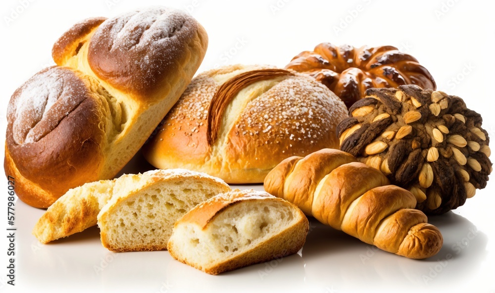  a group of breads and rolls on a white surface with a pine cone on the side of the picture and a pine cone on the side of the picture.  generative ai