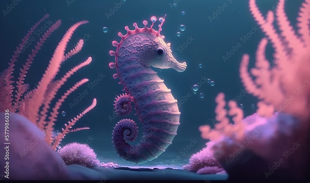  a sea horse is standing in the water with its head turned to the side and it's tail sticking out of the water,.  generative ai