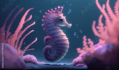  a sea horse is standing in the water with its head turned to the side and it's tail sticking out of the water,. generative ai