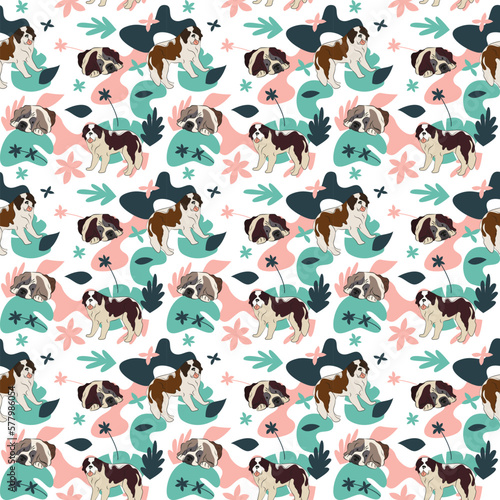 St Bernard dog wallpaper with leaves, palms, flowers, plants. Pastel green, pink, navy. Holiday abstract natural shapes. Seamless floral background with dogs, repeatable pattern. Birthday wallpaper.  © Natalia