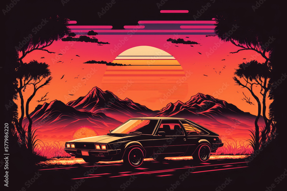 80s style illustration with car driving into sunset. Generative AI