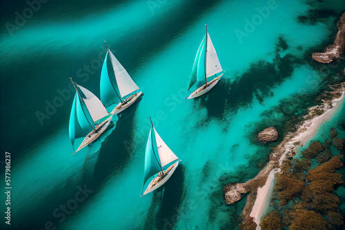 Many sailing yachts at the regatta, top view. AI generated