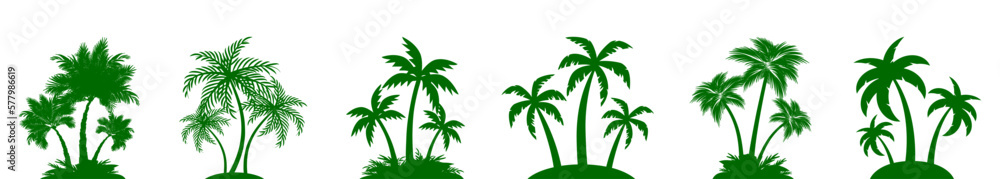 Obraz premium Set green palm tree silhouettes sign, palm collection – vector