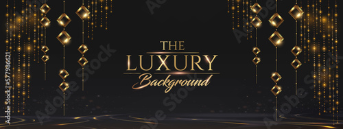 Black and Golden Stage Royal Awards Graphics Background. Lights Elegant Shine Modern Template. Thread Falling Star Particles Corporate Template. Classy speedy lines Abstract trophy Certificate Banner.