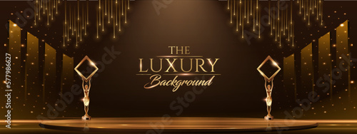 Golden Stage Spotlights Royal Awards Graphics Background. Lights Elegant Shine Modern Template. Space Falling Star Particles Corporate Template. Classy speedy lines Abstract trophy Certificate Banner.