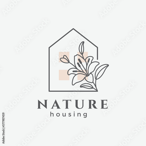 lily flower beautiful botanical house line abstract logo design vector illustration