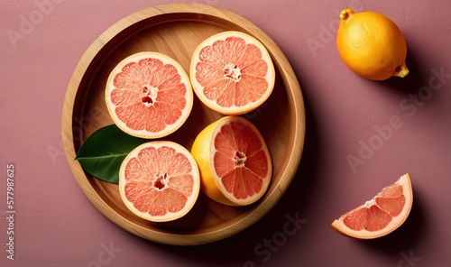  grapefruits cut in half in a wooden bowl on a pink surface next to a grapefruit and a green leaf on the side. generative ai