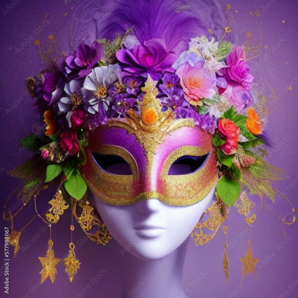 colorful mardi grass festival mask intricate and delicate details, fantasy and celebratory colors