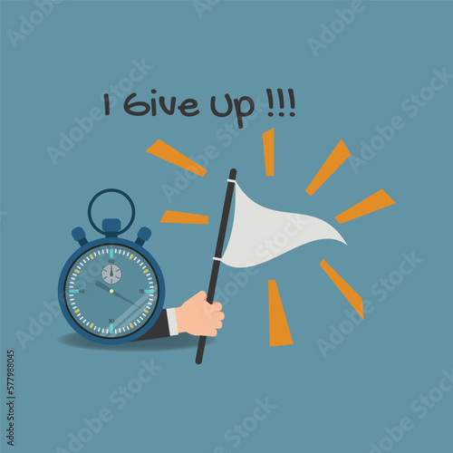 Stopwatch and hand raised white flag giving up worker concept illustration