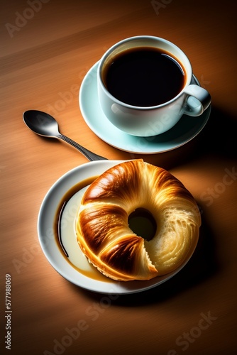 Cup of coffee and croissant on a dark background photo