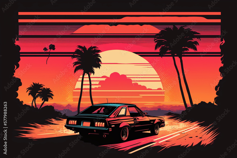 夕日に向かって走る車の80年代風イラストGeneretiveAI