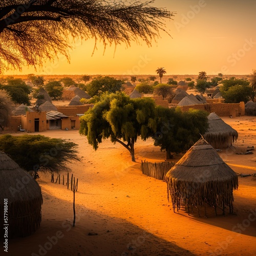 Desert village without people in Africa's Sahel at golden hour. Burkina Faso, Mali, Niger