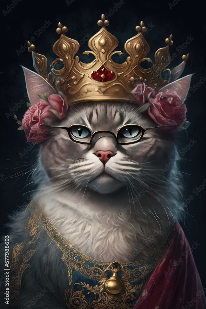 Portrait of cat queen wearing a crown.Generative AI Portrait of cat queen wearing a crown.Generative AI