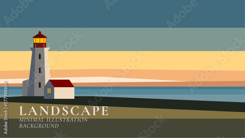 lighthouse by the sea in the sunset minimal landscape vector illustration background