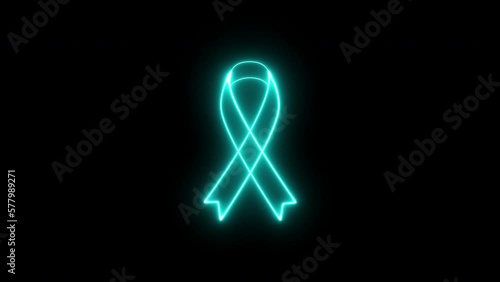4K Turquoise cyan neon mourning ribbon stock animation. Slow motion cancer awareness symbol on black background. Vibrant fluorescent signal Animation with alpha channel.