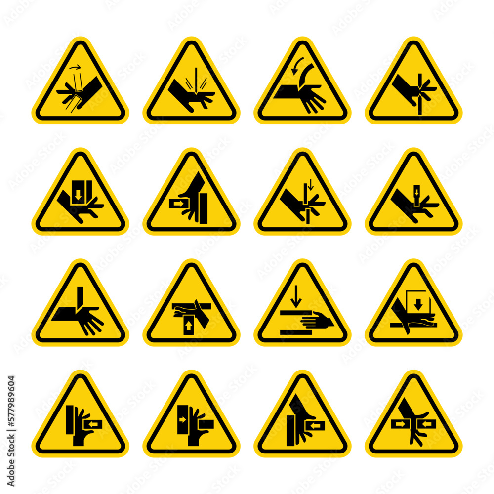 set of ISO Triangle Warning Sign: Hand Crush Force From Right Symbol set of ISO Triangle Warning Sign: Hand Crush Force From Right Symbol