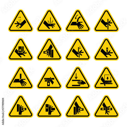 set of  ISO Triangle Warning Sign: Hand Crush Force From Right Symbol