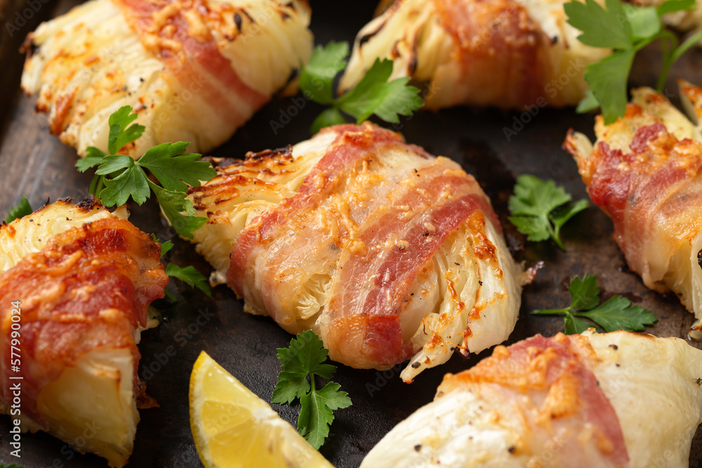 Bacon Wrapped Cabbage with dipping sauce. healthy food Bacon Wrapped Cabbage with dipping sauce. healthy food