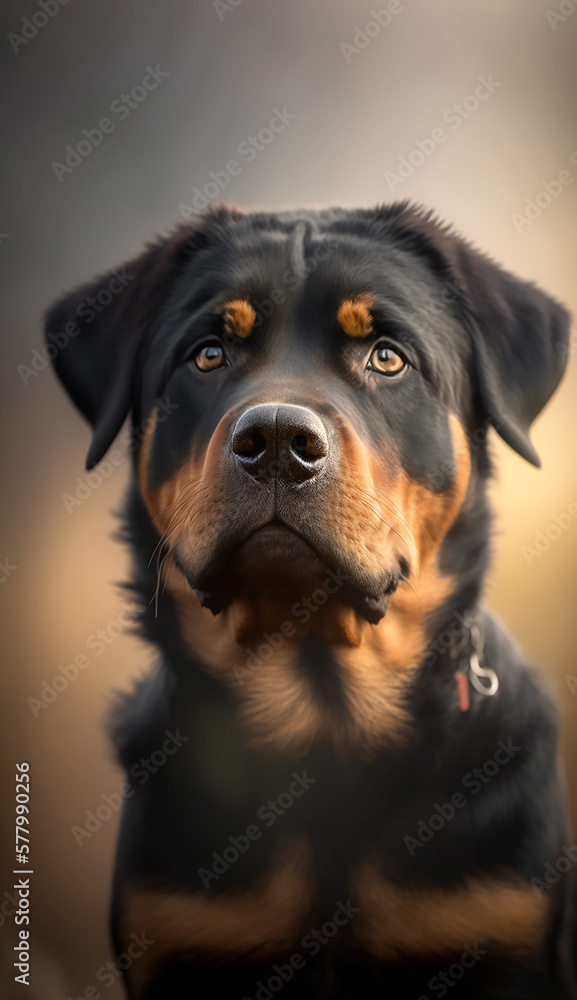 Portrait of a beautiful Rottweiler. Beautiful pet and family photos, wallpaper, poster created with help of generative ai.