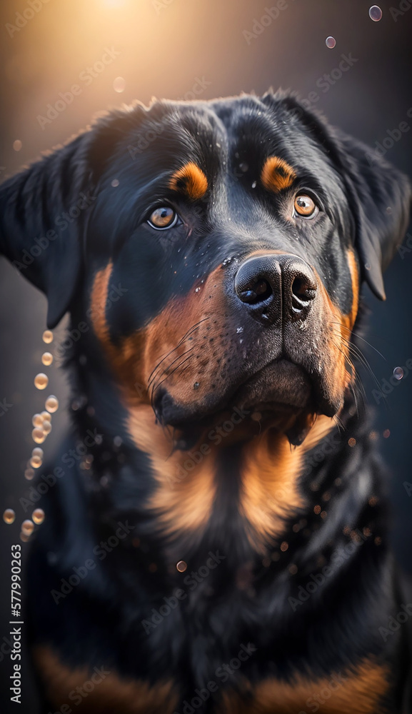Obraz premium Portrait of a beautiful Rottweiler. Beautiful pet and family photos, wallpaper, poster created with help of generative ai.