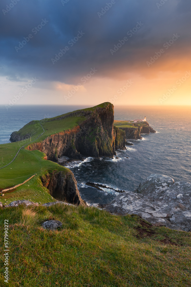 Colourful sunset light at Neist Point on The Isle of Skye, Scotland, UK.