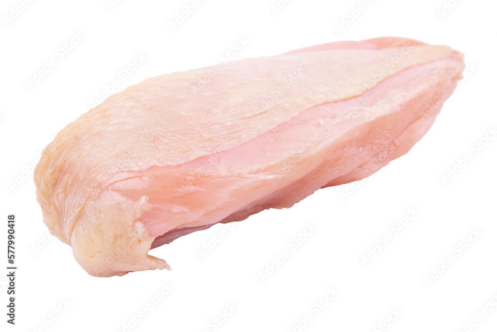 Chicken breast with skin on white isolated, raw chicken diet meat