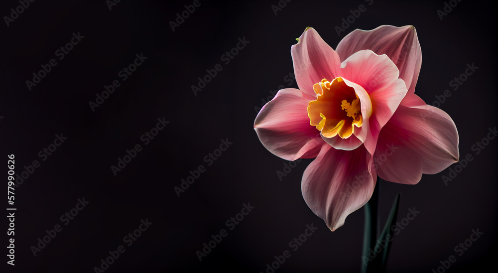 Fototapeta premium Dark pink daffodil flower in black background generative ai