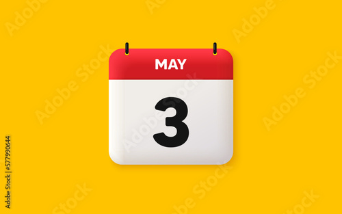 Calendar date 3d icon. 3rd day of the month icon. Event schedule date. Meeting appointment time. Agenda plan, May month schedule 3d calendar and Time planner. 3rd day day reminder. Vector