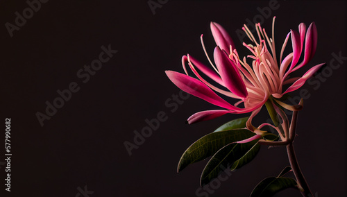 Dark pink Honeysuckle flower in black background generative ai