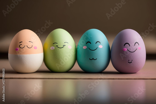 Pastel color eastern eggs with drawing faces in a row.Generative AI