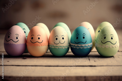 Pastel color eastern eggs with drawing faces in a row.Generative AI