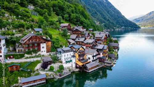 Aerial view of Hallstatt village, Alp mountains background in Austria Stock Photos and Images - drone view