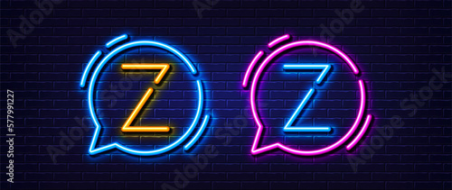 Initial letter Z icon. Neon light line effect. Line typography character sign. Large first font letter. Glowing neon light speech bubble. Letter Z glow 3d line. Brick wall banner. Vector