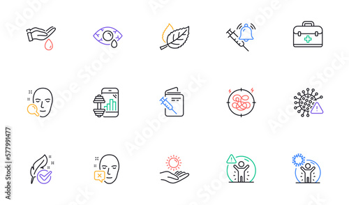 Face declined, Stress and Vaccine announcement line icons for website, printing. Collection of Leaf, Hypoallergenic tested, Sun protection icons. Face search, Fitness app. Vector