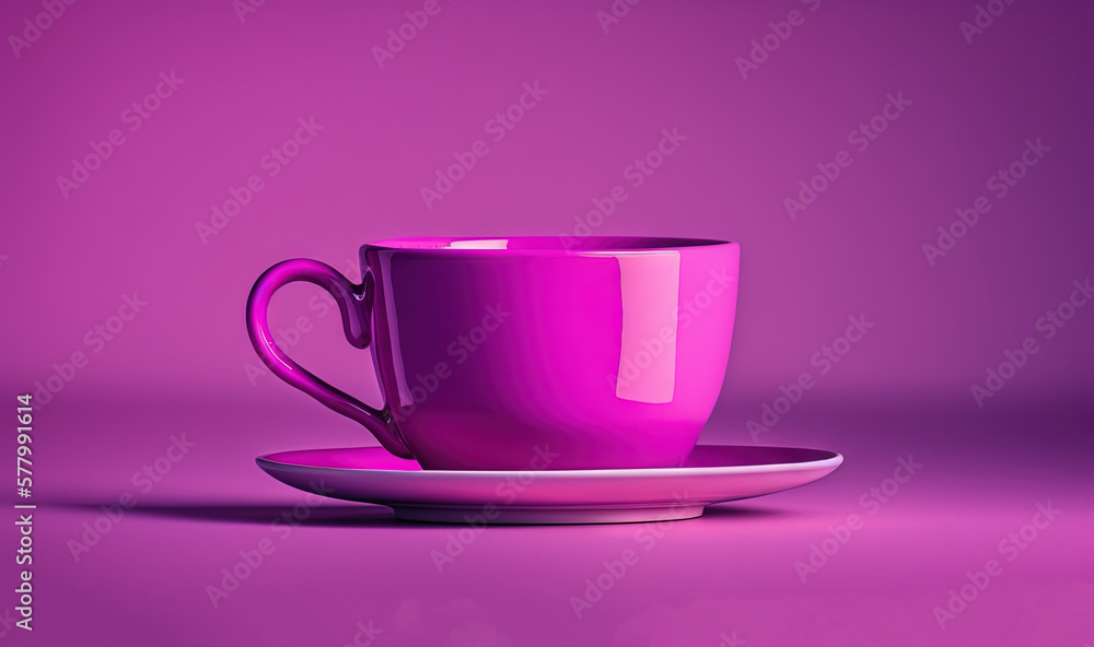 a purple coffee cup and saucer on a purple and pink background with a shadow of the cup and saucer on the saucer. generative ai a purple coffee cup and saucer on a purple and pink background with a shadow of the cup and saucer on the saucer. generative ai